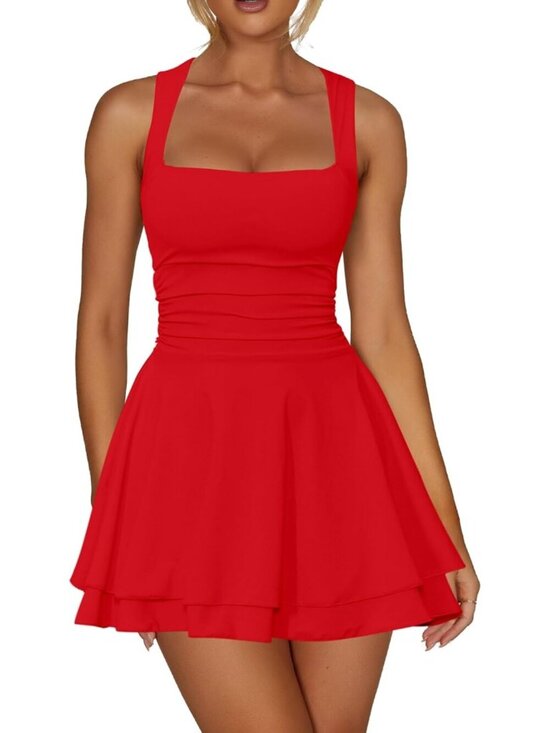 Dresses & Skirts - Women's Red Square Neck Ruffle Hem Ruched Waist Short Pull On Mini Dress